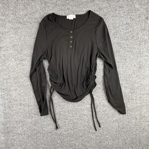 Y2K Skönhet‎ Shirt Womens XL Black Ribbed Henley Ruched Drawstring Long Sleeve